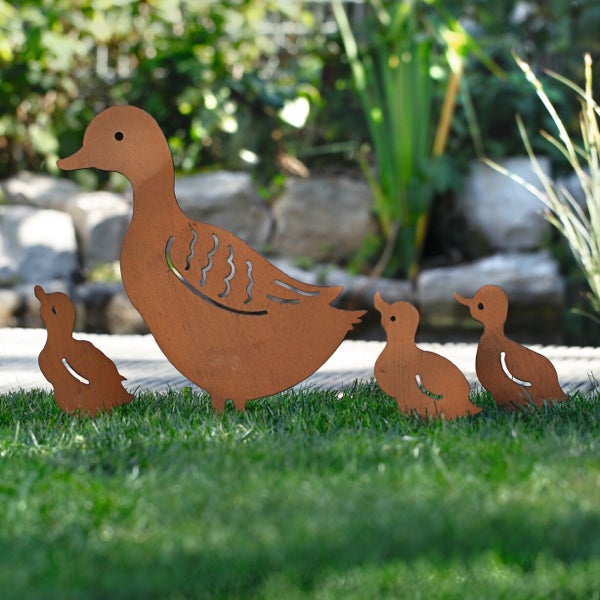 FRANK FLECHTWAREN | Gartenstecker Entenfamilie, 4er Set, METALL, Ente ca. 30 x 35 cm, Entenküken 12 x 14 cm