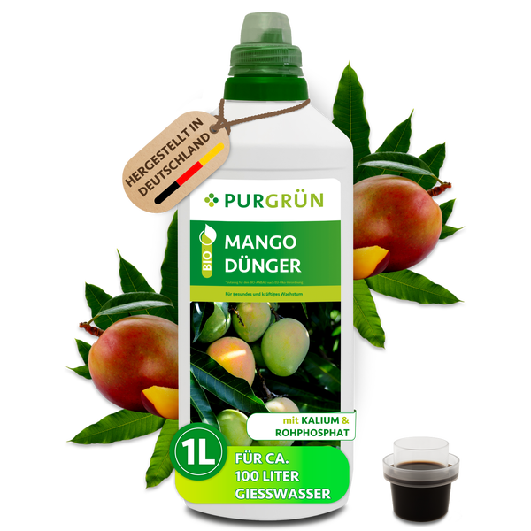 Purgrün Bio Mango-Dünger in einer 1 Liter Flasche, hergestellt in Deutschland, ausreichend für circa 100 Liter Gießwasser, mit Kalium und Rohphosphat.