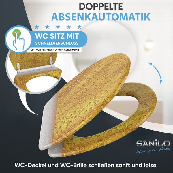 Sanilo WC-Sitz mit Wassertropfen-Dekor, doppelter Absenkautomatik und Schnellverschluss zum Abnehmen per Knopfdruck.