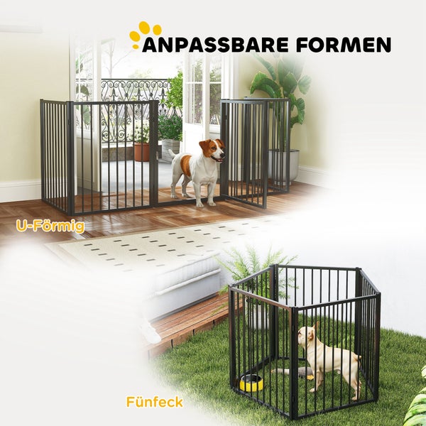 Anpassbares Metall-Tiergitter in U-Form vor einer Balkontür und als Fünfeck-Laufstall auf Rasen mit Hunden.
