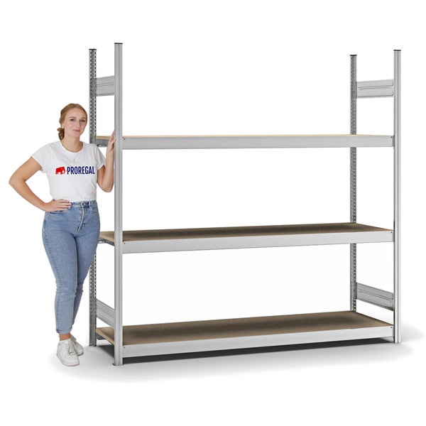 PROREGAL Weitspannregal Stecksystem T-Profil Grundregal HxBxT 200x200x50 cm 3 Ebenen Spanplatten Fachboden Fachlast 350 kg Verzinkt