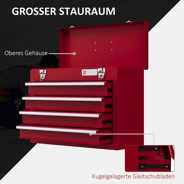 DURHAND Werkzeugkoffer leer, 51 x 22 x 39,5 cm Werkzeugkasten mit 4 Schubladen, oberes Staufach, Handgriff, Werkzeugkiste mit 2 Schloss, aus Stahl, Rot