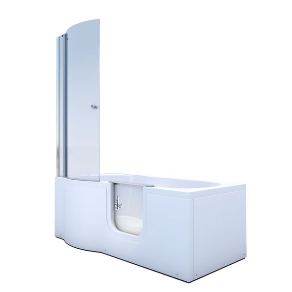 Barrierefreie Sitzbadewanne mit Tür, Duschwand aus Glas und Armatur in einem hellen Badezimmer mit beigen Wandfliesen.