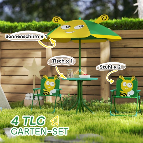 Vier-teiliges Gartenmöbelset für Kinder mit Sonnenschirm, Tisch und zwei Stühlen