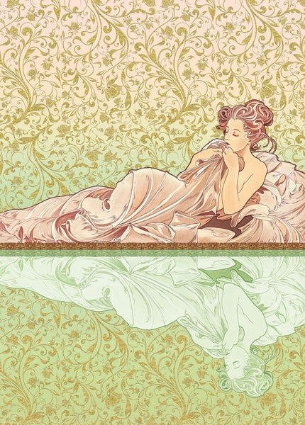Ein Jugendstil-Gemälde einer Frau, die in Laken gehüllt liegt, mit floralem Muster im Hintergrund