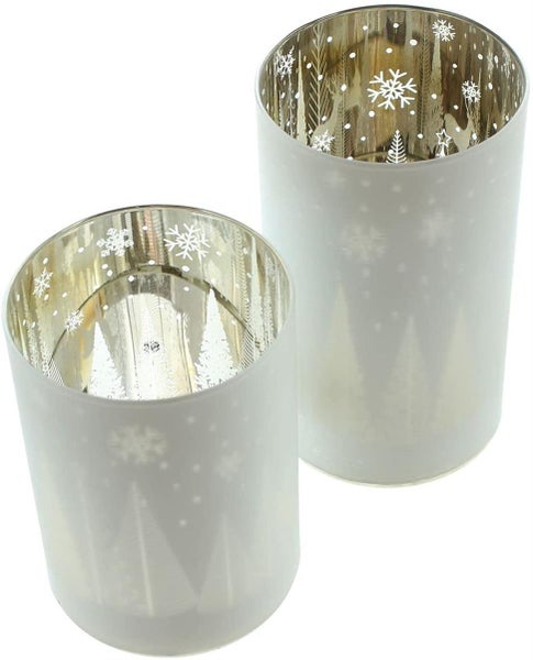 Dekoleidenschaft 2x Windlicht Winterlandschaft aus Glas, weiß / silber, 12 + 15 cm hoch, Glaswindlicht, Teelichtgläser, Winterdeko, Deko Wohnzimmer