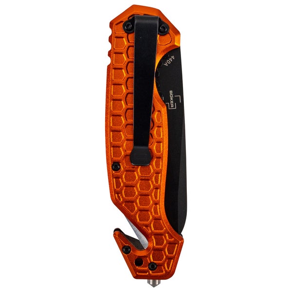 Böker Rettungs-Klappmesser mit orangefarbenem Aluminium-Wabengriff, schwarzer Klinge, Gürtelclip, Gurtschneider und Glasbrecher.