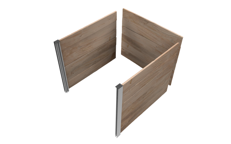 Hochbeet-Erweiterung in U-Form aus Holzbrettern mit Eckprofilen aus Metall.