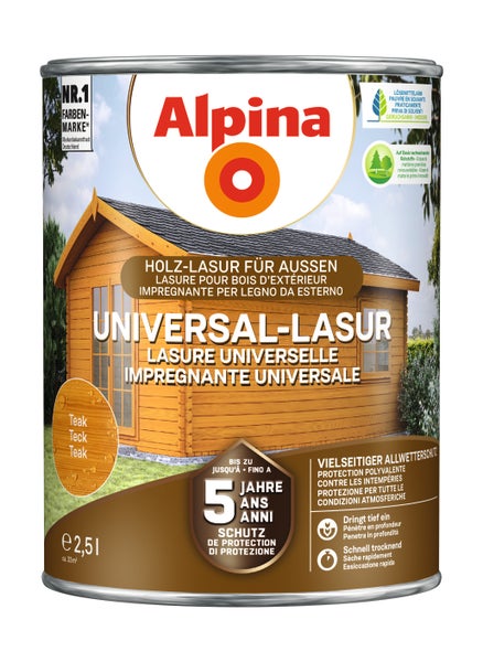 Alpina Universal-Lasur für Holz im Außenbereich, Farbton Teak, 2,5 Liter, bis zu 5 Jahre Wetterschutz, für circa 33 Quadratmeter.