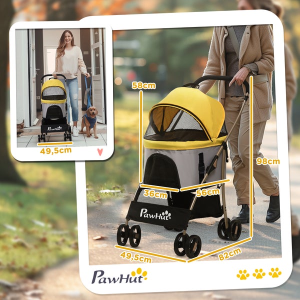 PawHut Hundewagen, 2 in 1 Hundetrolley, Tragetasche, faltbarer Hundebuggy mit Kissen, Katzenwagen für kleine Hunde, Katzen, Katzenbuggy mit  4 Rädern, Netzfenster, Oxfordstoff, Gelb