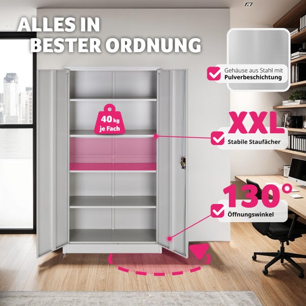 Aktenschrank tectake Blain 180 x 80 x 40 cm aus pulverbeschichtetem Stahl grau