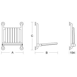 Maßzeichnung eines Duschklappsitzes mit Angaben zu Breite, Höhe und Tiefe im ausgeklappten sowie hochgeklappten Zustand.