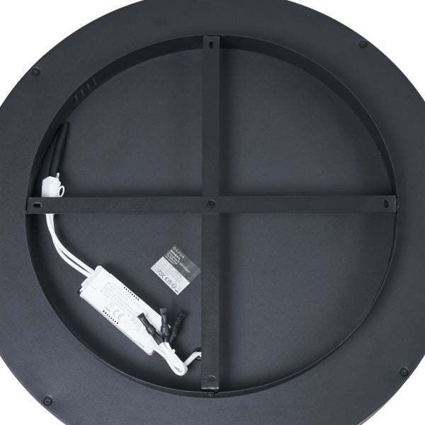 Rückseite einer runden Lampe mit Verkabelung und Montagevorrichtung.