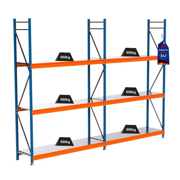Lagerregal mit sechs Lasten von 690 Kilogramm und Made in EU Siegel