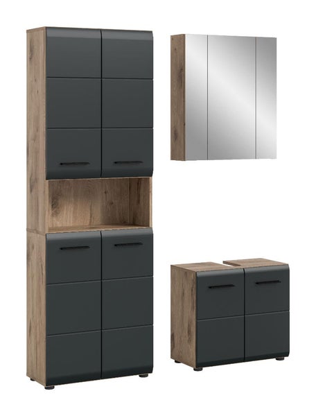 Modernes Badmöbel-Set bestehend aus einem Hochschrank, einem dreitürigen Spiegelschrank und einem Waschbeckenunterschrank in Anthrazit und Eichenoptik.