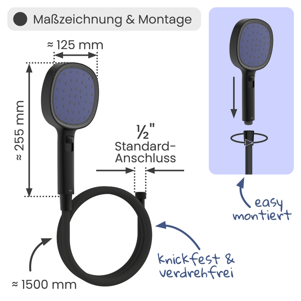 Maßzeichnung und Montage einer Handbrause mit Schlauch. Länge circa 255 mm, Breite 125 mm, Schlauch 1500 mm, Anschluss ein halb Zoll.