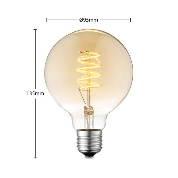 LED-Globe-Leuchtmittel mit Spiral-Filament, Durchmesser 95 Millimeter, Gesamthöhe 135 Millimeter, E27-Fassung.