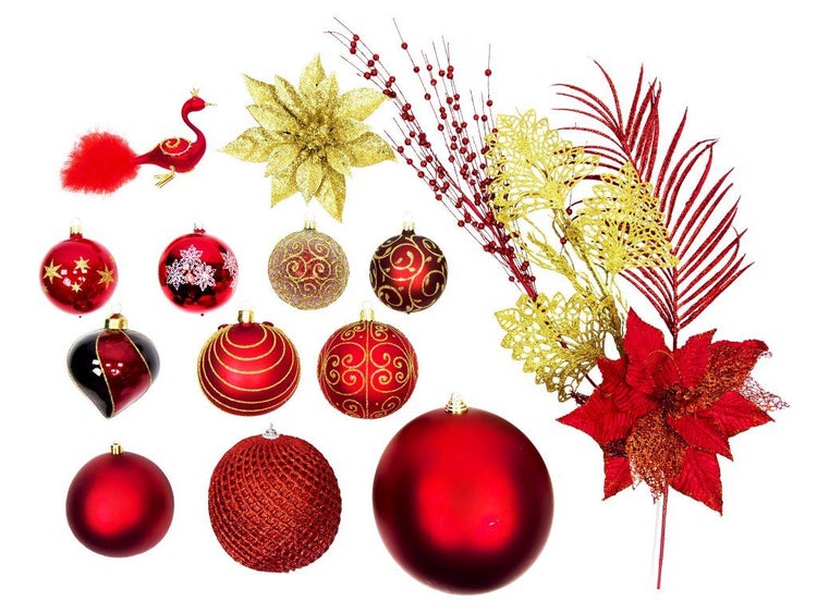 Set mit verschiedenen Weihnachtsbaumkugeln, Christbaumschmuck und dekorativen Zweigen für die Weihnachtsdekoration.