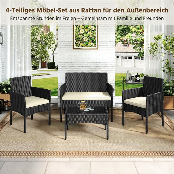 Vierteiliges Möbelset aus Rattan für den Außenbereich mit zwei Stühlen, einem Sofa und einem Tisch