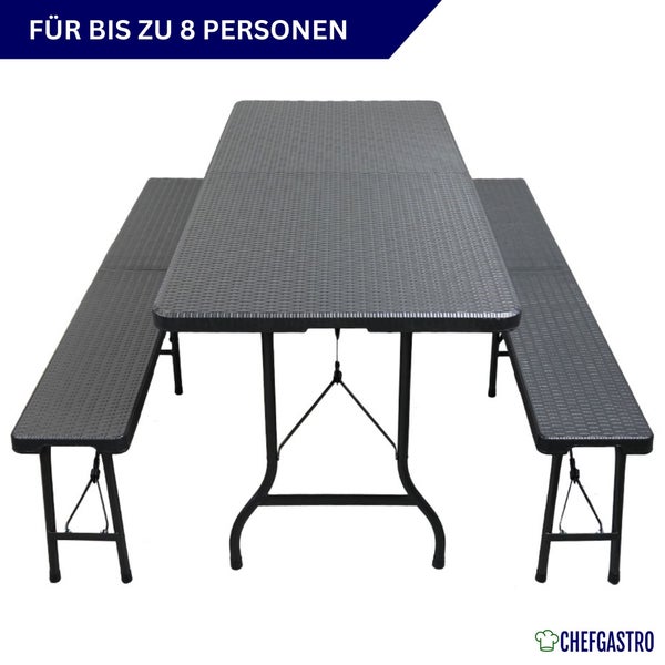 Klappbare Bierzeltgarnitur von Chefgastro bestehend aus einem Tisch und zwei Bänken in Rattan-Optik für bis zu 8 Personen. Chefgastro Logo.