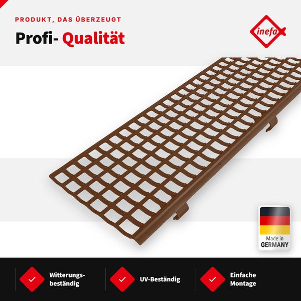 Inefa Laubschutzgitter für Dachrinnen, witterungsbeständig, UV-beständig, einfache Montage, hergestellt in Deutschland.