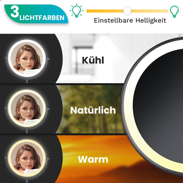 Mirlux Make Up Spiegel mit LED Beleuchtung, Kosmetikspeigel 10x Vergrößerung Wandspiegel rund Chrom