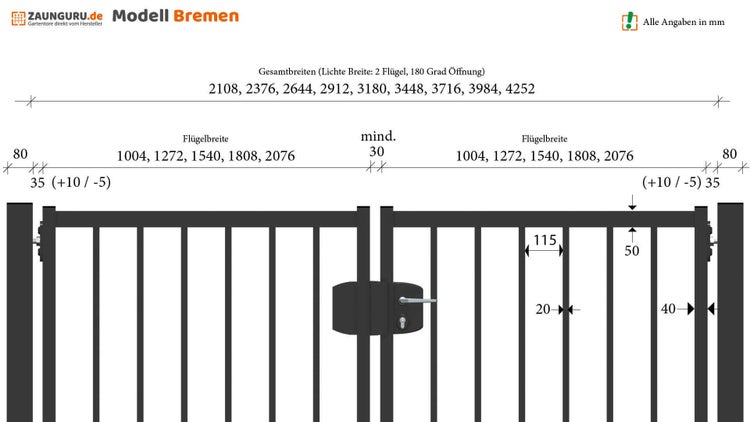 Gartentor ZAUNGURU BASIC-Line Bremen aus Metall, Höhe: 103cm, Breite: 334cm, 2-flügelig inkl. Pfosten, Schloss und Zubehör, Feuerverzinkt und zusätzlich in RAL 7016 Anthrazitgrau pulverbeschichtet