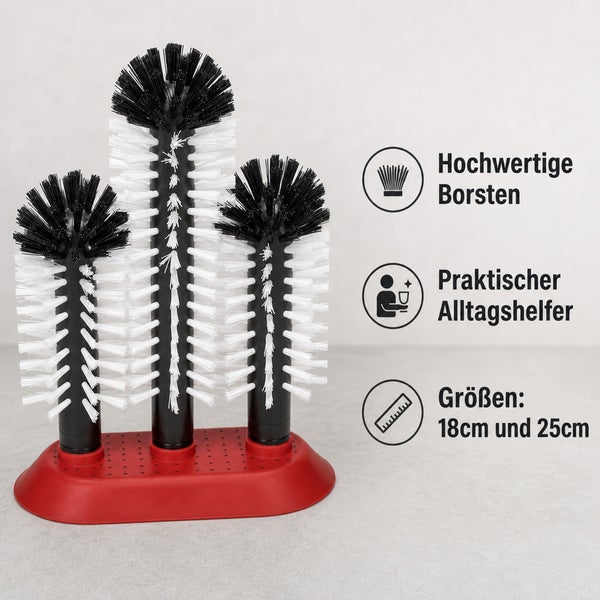 Reinigungsbürsten Set mit drei Bürsten auf einem Standfuß, erhältlich in den Größen 18 Zentimeter und 25 Zentimeter für die Glasreinigung.