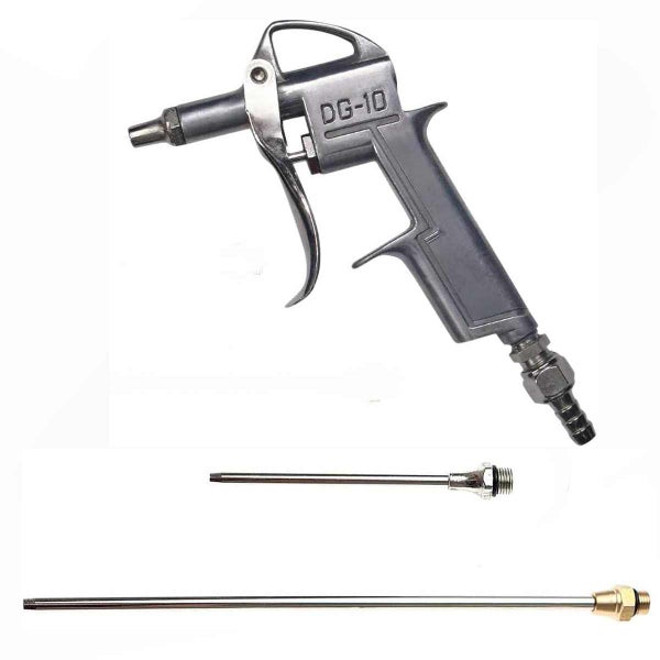 Druckluftpistole Modell DG-10 mit zwei verschiedenen Aufsätzen für Kompressoren.