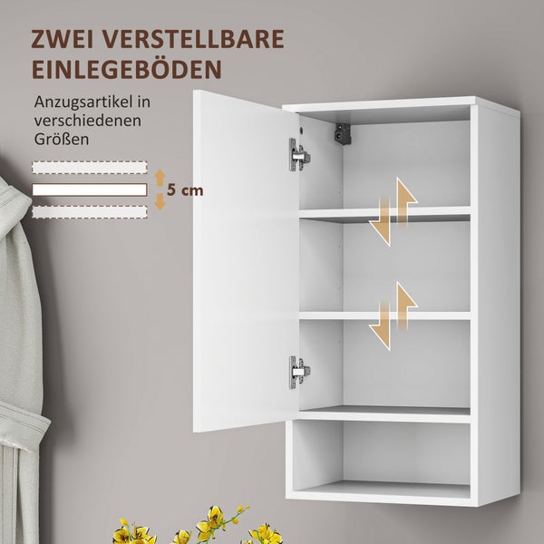 HOMCOM Hängeschrank Wandschrank mit Türen, Badezimmerschrank, Küchenschrank mit verstellbaren Ablagen, offenem Fach, Medizinschrank Wandmontage Weiß 40 x 27 x 77 cm