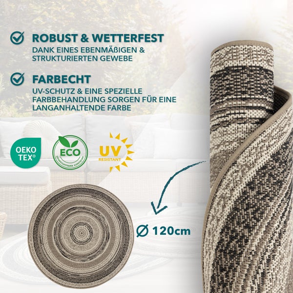 FLOORDIREKT Outdoorteppich - Wetterbeständiger Außenteppich - Zoe - Rund - Beige-Grau - ⌀120 cm