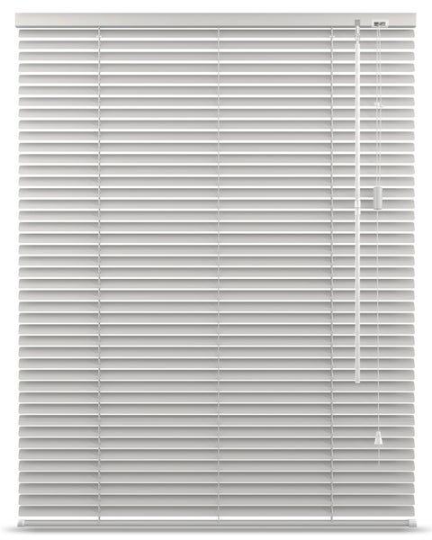Aluminiumjalousie in Grau mit horizontalen Lamellen, Zugschnur und Wendestab.