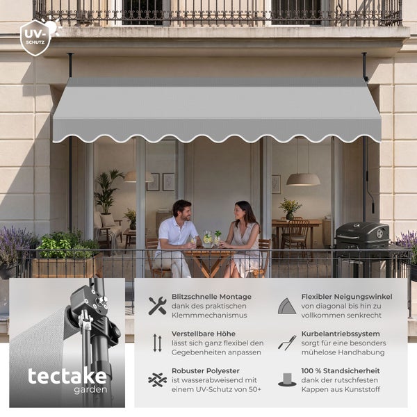 Klemmmarkise von tectake garden auf einem hellen Balkon mit UV-Schutz und Kurbelantrieb sowie einer Übersicht der wichtigsten Produktfunktionen.