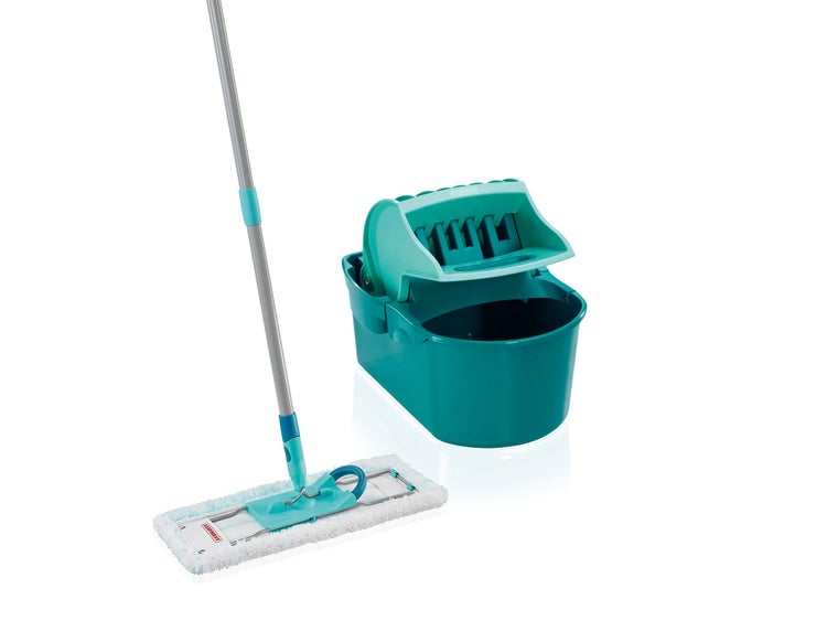 Leifheit Set Wischtuchpresse Profi Compact mit Bodenwischer und 3-teiligem Stiel, wie handgewrungen auspressbar, platzsparendes Wischset mit Mikrofaser Wischbezug für Fliesen und Laminat, Click-System