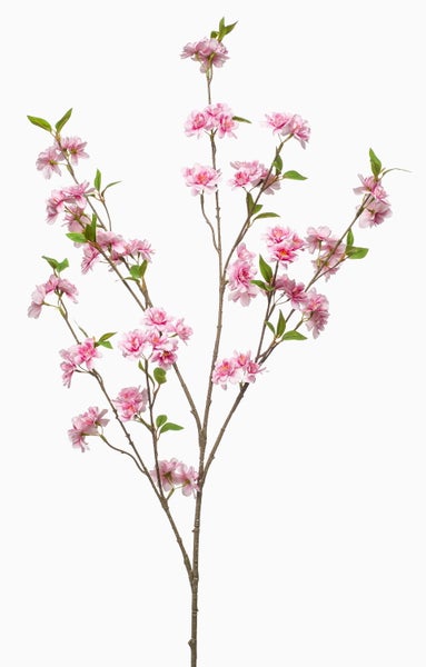 Künstlicher Kirschblütenzweig mit rosa Blüten und grünen Blättern.