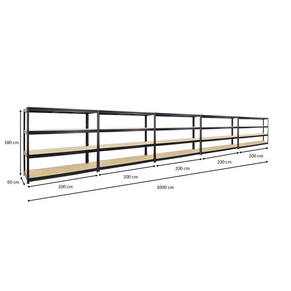 PROREGAL Mega Deal 5x Schwerlastregal Dino HxBxT 180 x 200 x 60 cm Fachlast 500 kg Schwarz