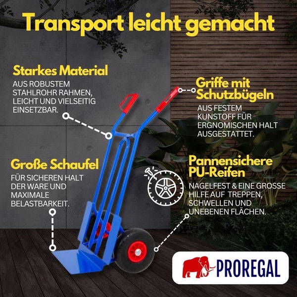 Blaue Sackkarre aus Stahlrohr mit ergonomischen Griffen mit Schutzbügeln, großer Schaufel und pannensicheren Polyurethanreifen. Proregal Logo.