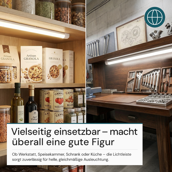 LED-Lichtleiste im Einsatz in einer Speisekammer und einer Werkstatt zur hellen und gleichmäßigen Ausleuchtung von Regalen und Arbeitsflächen.