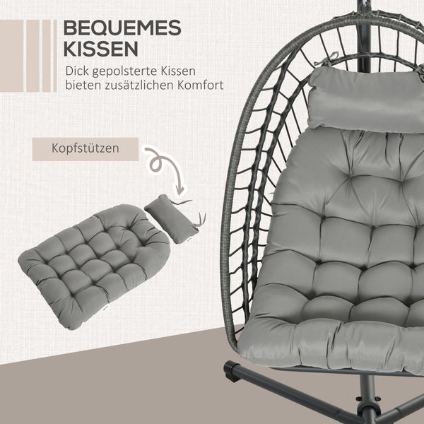 Outsunny Rattan Hängesessel, Hängestuhl, für Terrasse, Garten, bis zu 100 kg, Höhe 194 cm, Stahl, PE Rattan, Hellgrau