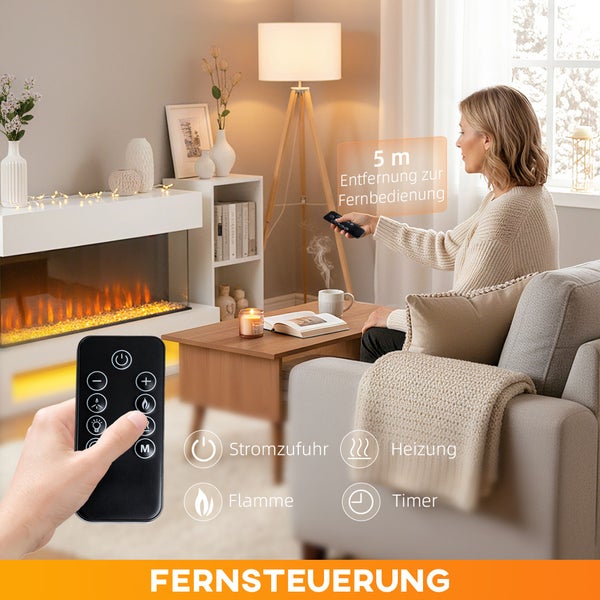 Frau im Wohnzimmer steuert weißen Elektrokamin mit Fernbedienung. Symbole zeigen Funktionen für Stromzufuhr, Heizung, Flamme und Timer.