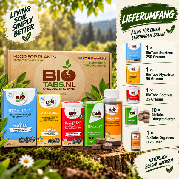 BioTabs Starterset fuer lebendigen Boden mit Startrex, Mycotrex, Bactrex, duengertabletten und Orgatrex fuer kraeftiges Pflanzenwachstum.