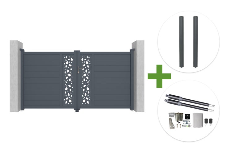 Doppelflügeliges Einfahrtstor aus Aluminium in Anthrazit mit dekorativer Lochung, inklusive zwei Torpfosten und elektrischem Drehtorantrieb-Set.
