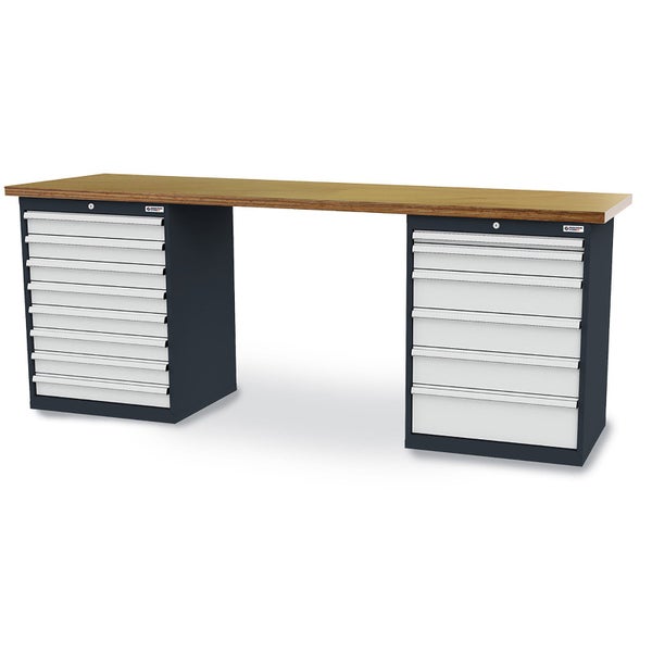 Werkbank mit massiver Holzplatte und zwei Metall-Schubladenschränken in Anthrazit und Lichtgrau.