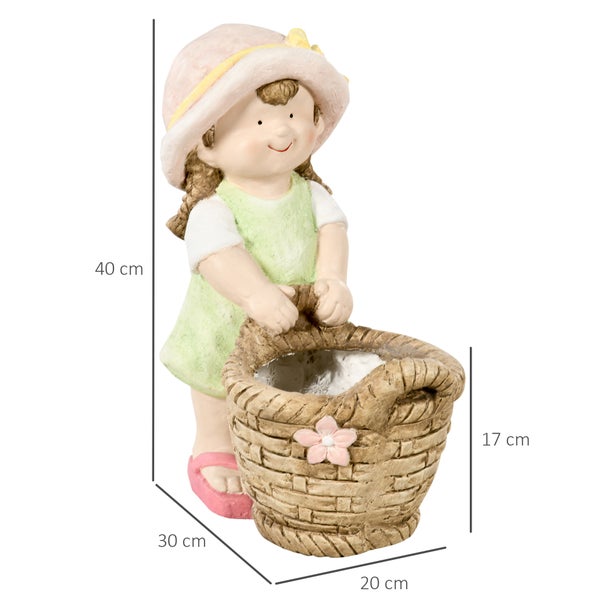 Outsunny Gartenfigur Mädchen mit Blumentopf, Wetterbeständige Gartenstatue, für Heimdekoration, Garten, Hof, 20L x 30B x 40H cm, Magnesium-Oxid, Mehrfarbig