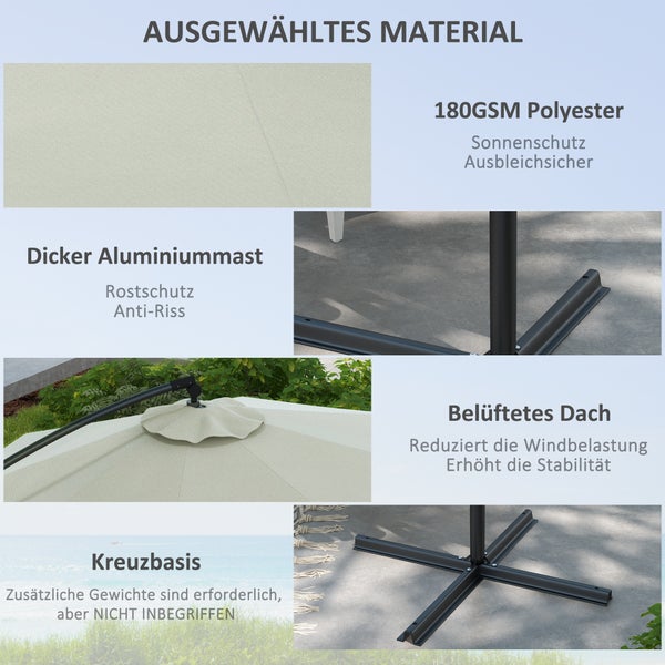 Outsunny Ampelschirm mit Kreuzfuß, mit Kurbel, Neigung und 8 Rippen, für Außenpool, Garten, Balkon,  Ø293 cm, Metall, Polyester, Crème