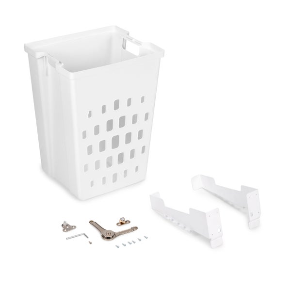 Einbau-Wäschekorb Set aus weißem Kunststoff mit Belüftungslöchern, Montagehalterungen und Befestigungsmaterial.