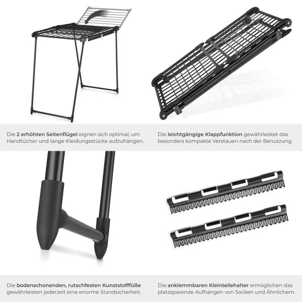 Schwarzer Wäscheständer mit klappbarer Funktion und Kleinteilehaltern