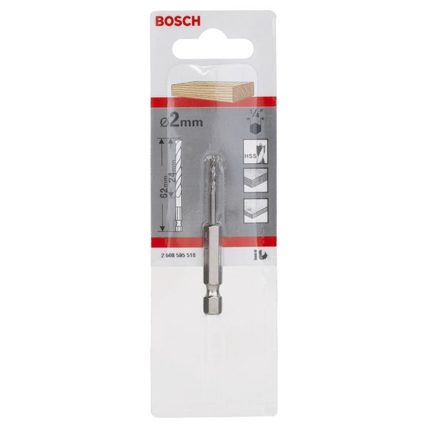 Bosch Logo. 2 Millimeter Holzbohrer im Blisterpack.
