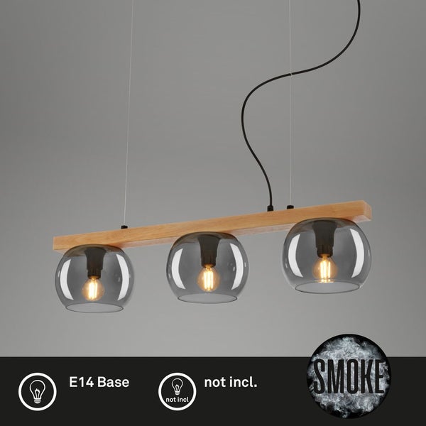 Pendant lamp, with wood, smoked glass, 3xE14/max.1