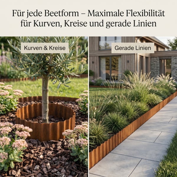 Beeteinfassung aus Metall für flexible Gestaltung von Kurven, Kreisen und geraden Linien im Garten.